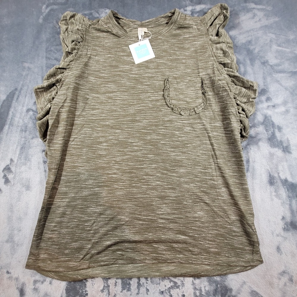 Hayden Los Angeles Olive Green Space Dye Ruffle Shoulder Pocket Top H7967 Large